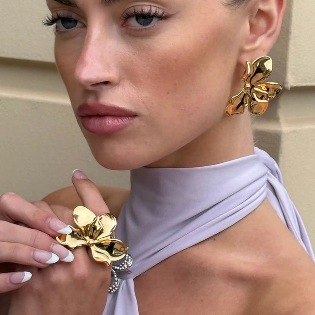 Elegant Floral Geometric Stainless Steel Earrings with Plating Finish for Women