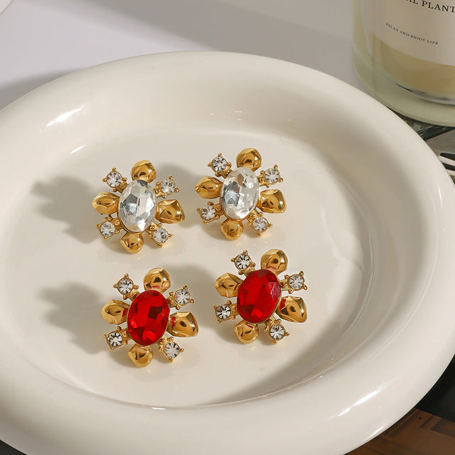 Fashion Geometric 18K Gold Plated Stainless Steel Zircon Round Stud Earrings for Women