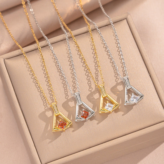 Elegant Skirt-Shaped Pendant Necklace for Women in Titanium Steel with Copper and Cubic Zirconia Inlay, Gold-Plated Finish, Snake-Like O-Chain, Minimalist Luxury Style