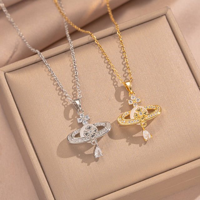 Luxury Saturn-Shaped Pendant Necklace for Women with Gold-Plated Copper and Zircon, O-Link Chain, Minimalist Fashion Accessory