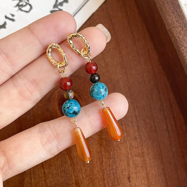Ethnic Vintage Dripping Waterdrop-Shaped Stone Stud Earrings with Plated Steel Posts for Women