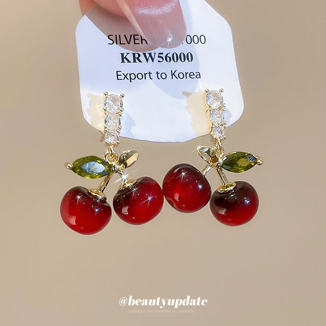 Cherry-Shaped Resin Earrings with Zirconia Inlay for Women, Minimalist Sweet Style Fashion Ear Jewelry