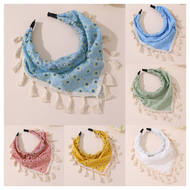 Bohemian Floral Print Hairband for Kids with Tassels and Lace Trim in Fabric Material