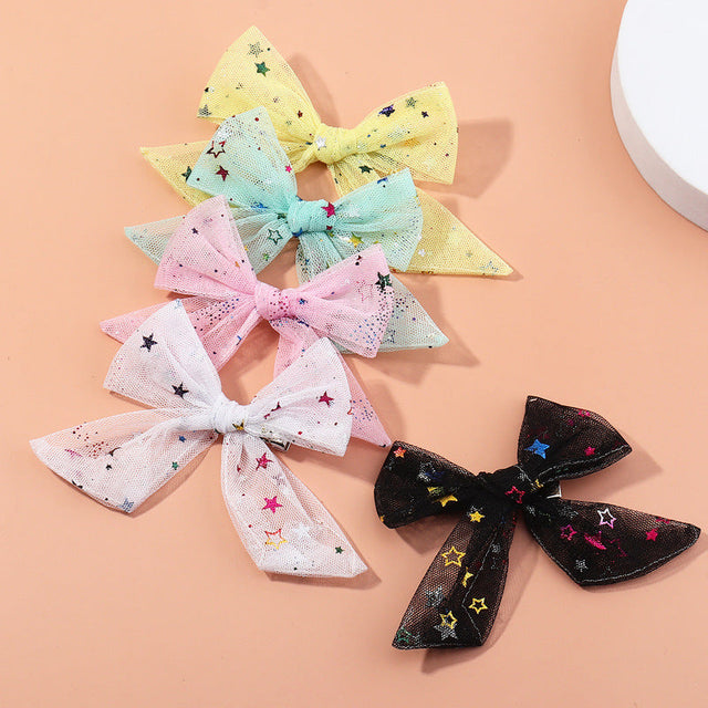 Cartoon Bow Hair Clip Set with Butterfly Shape Net Tulle and Sequins for Girls Aged 6 to 10 Years